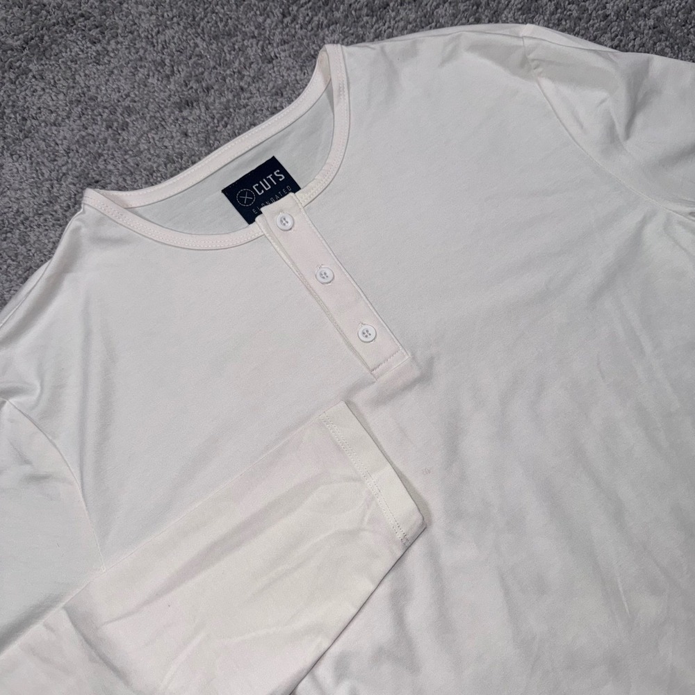 Cuts Elongated Henley Mens Long Sleeve Stretch Off-White Medium NEW - Picture 7 of 9